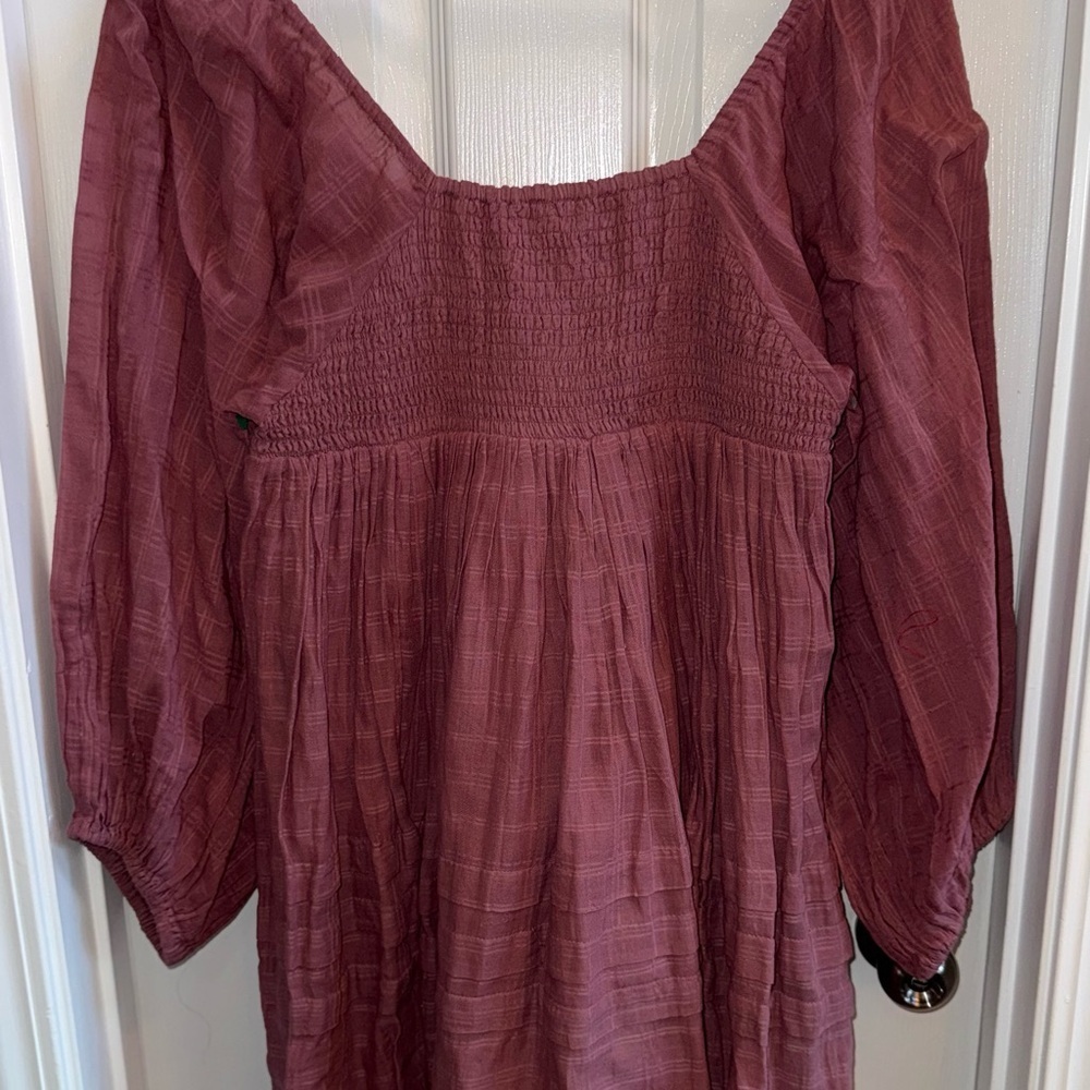 Free People Ari Mini Dress Smocked Babydoll XS Ballon Sleeve Dried Currant Flowy - Picture 4 of 11